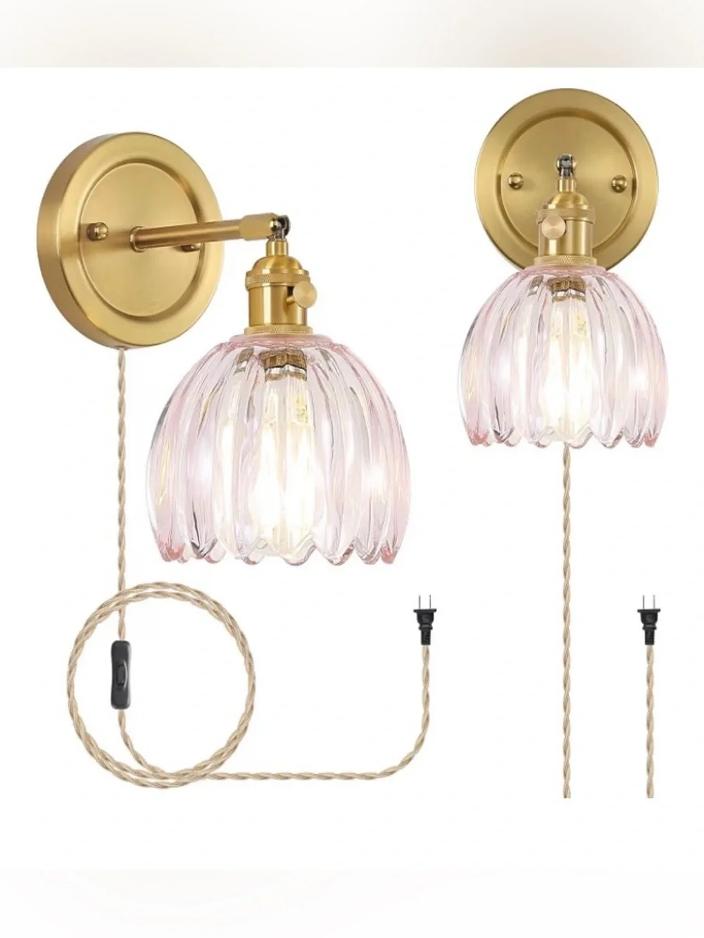 Tulip Wall Sconces Set of 2, Pink Glass Plug in Wall Lights with Brass Base. NEW